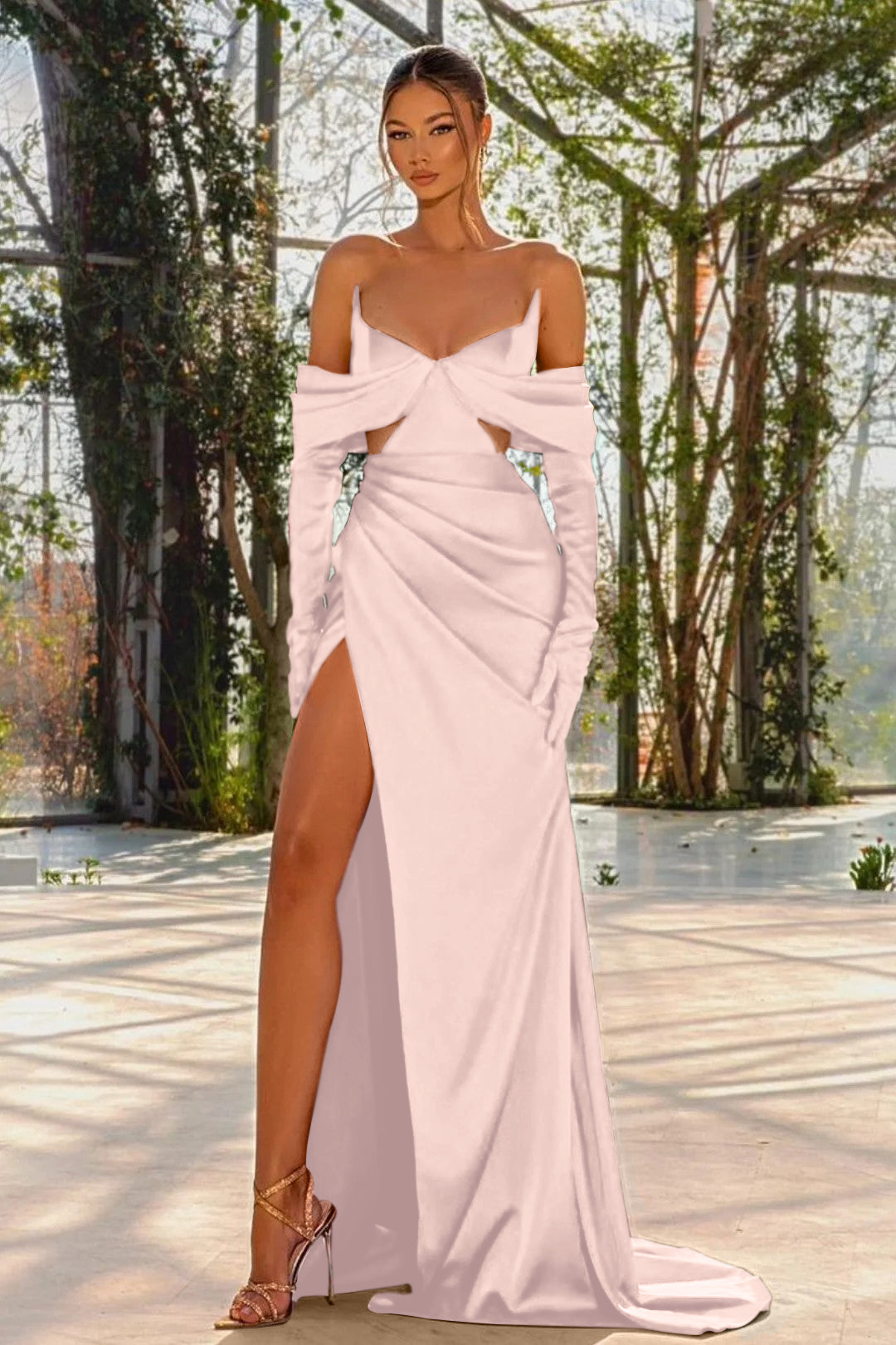 Red Off the Shoulder Prom Dress with Split, Pleated and Gloves