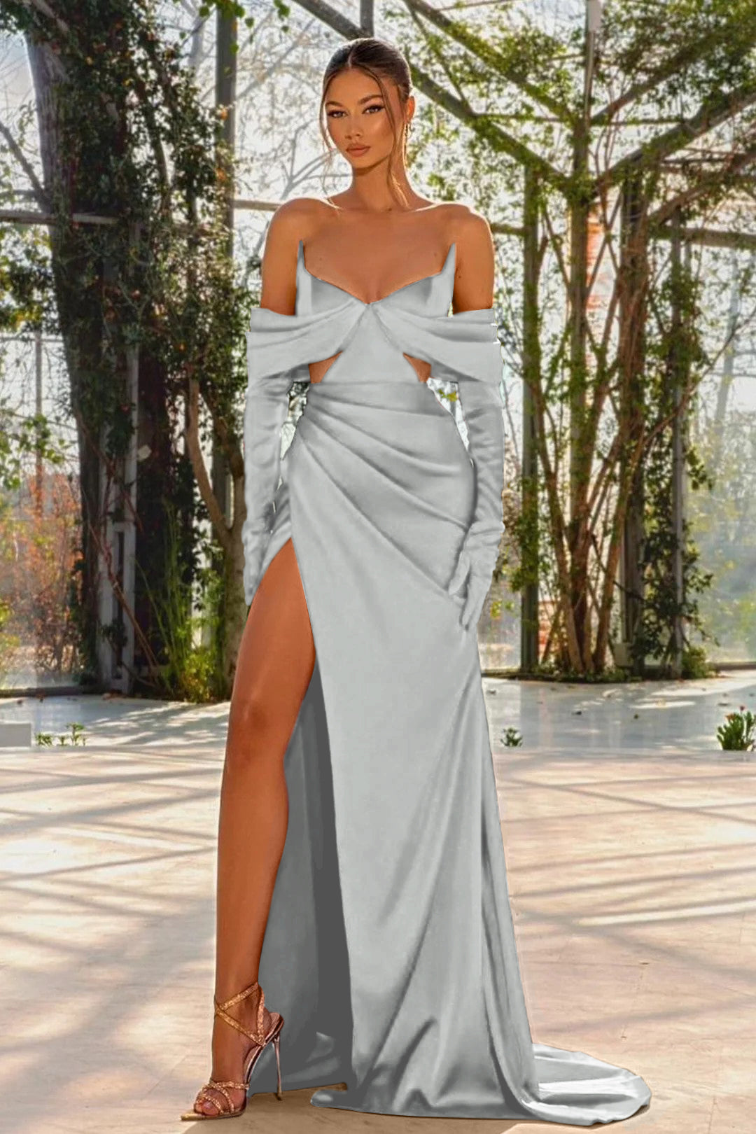 Red Off the Shoulder Prom Dress with Split, Pleated and Gloves