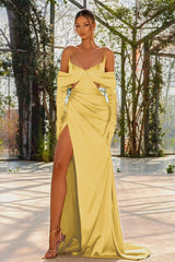 Red Off the Shoulder Prom Dress with Split, Pleated and Gloves