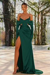 Red Off the Shoulder Prom Dress with Split, Pleated and Gloves