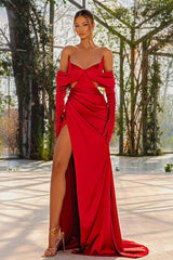 Red Off the Shoulder Prom Dress with Split, Pleated and Gloves