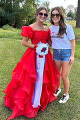 Off the Shoulder Red Balloon Sleeves Ruffle Layered Prom Dress