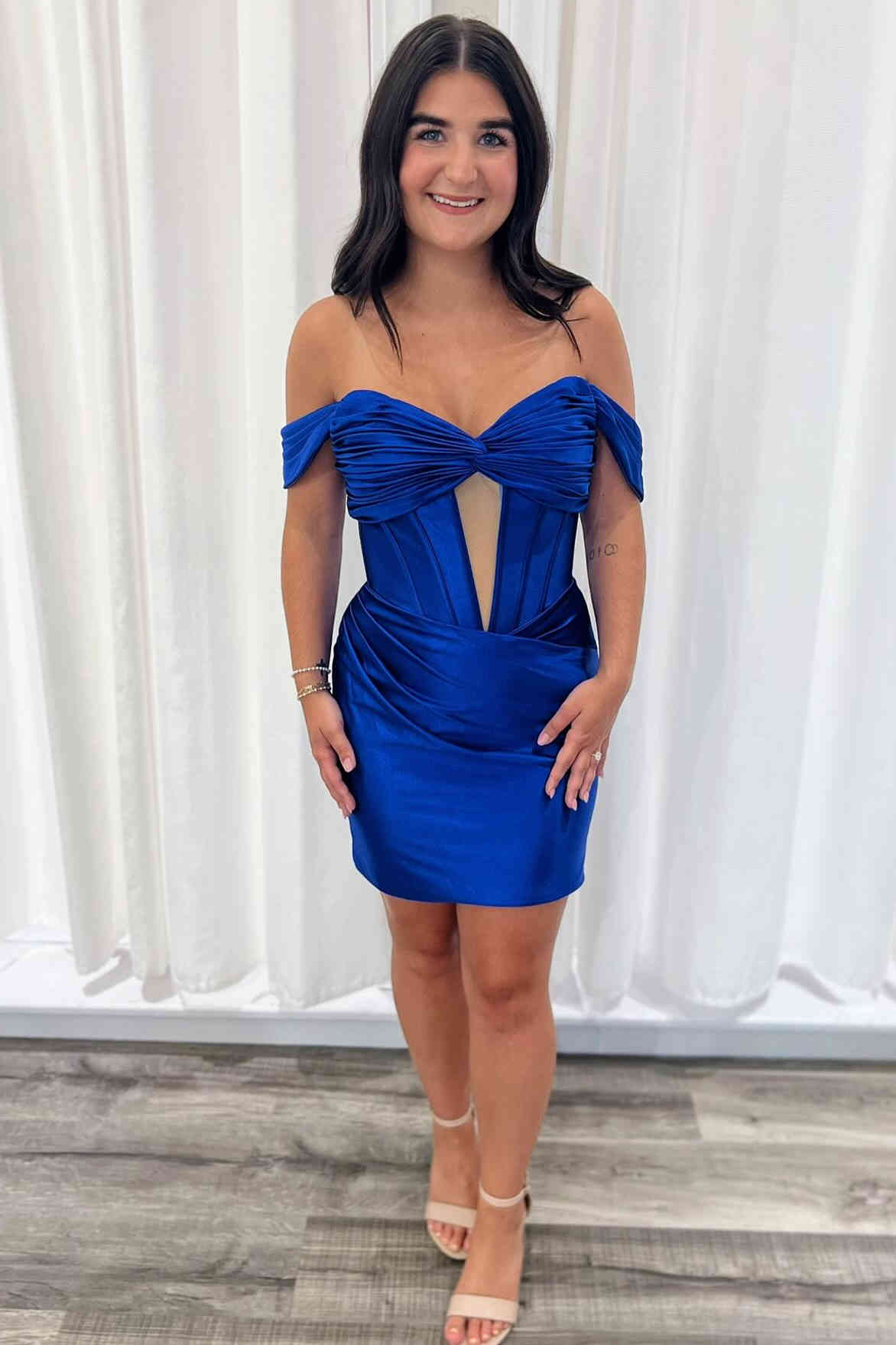 Off the Shoulder Royal Blue Ruched Mini Homecoming Dress