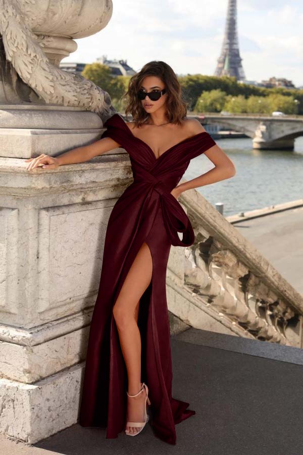 Off the Shoulder Mermaid Long Pleated Prom Dress with Split