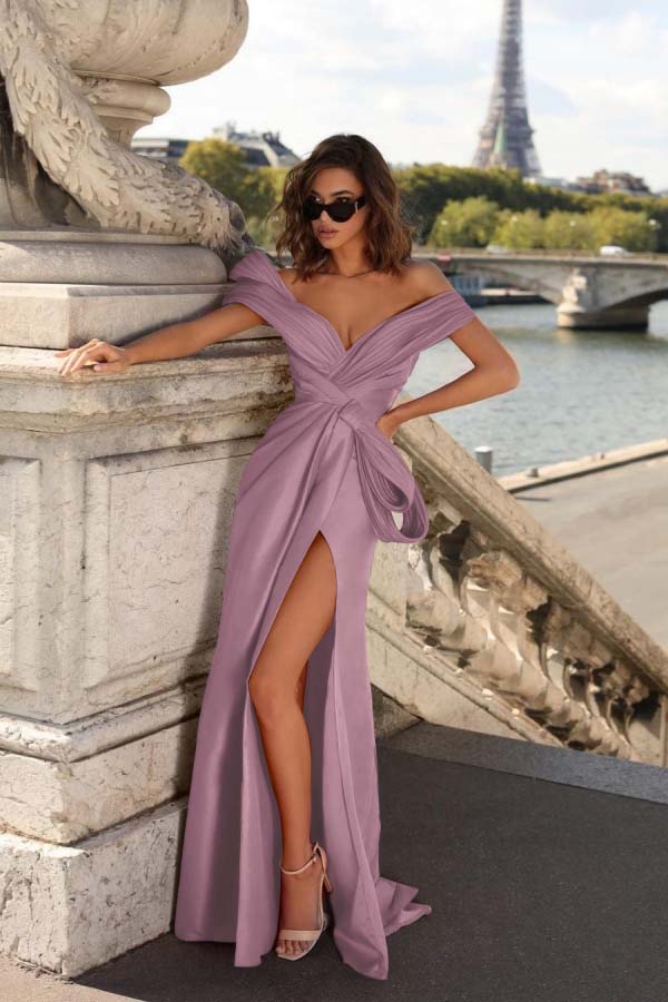Off the Shoulder Mermaid Long Pleated Prom Dress with Split