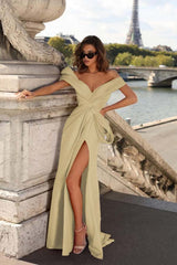 Off the Shoulder Mermaid Long Pleated Prom Dress with Split