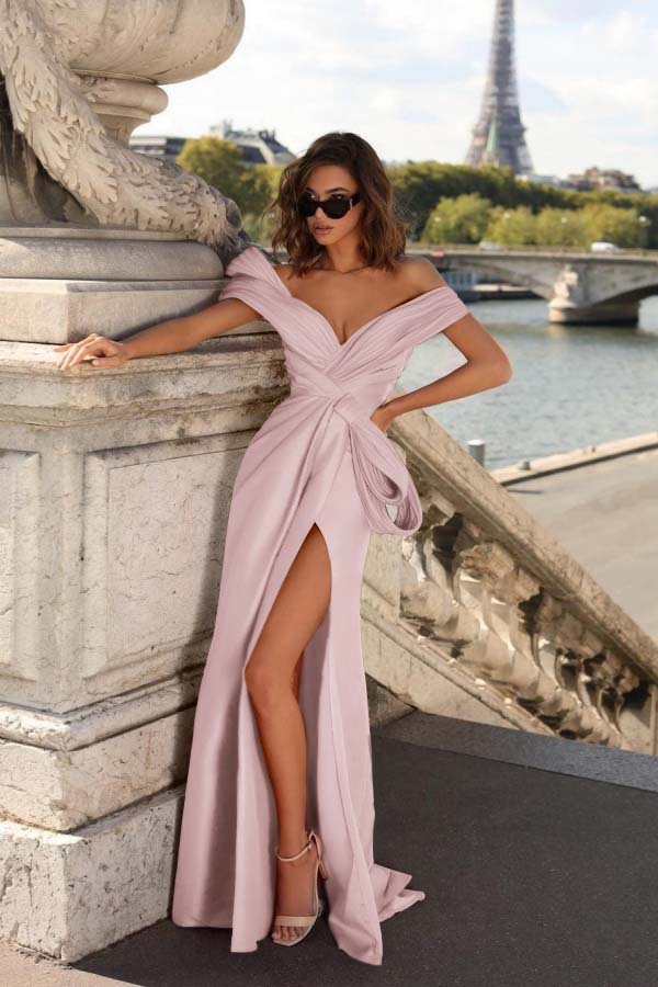 Off the Shoulder Mermaid Long Pleated Prom Dress with Split