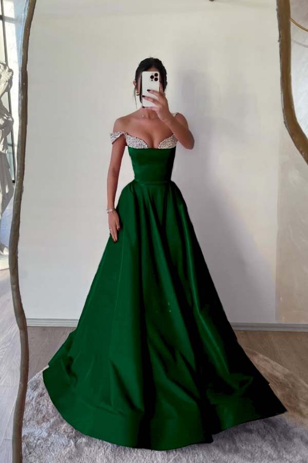 Off the Shoulder Long Pleated Prom Dress with Beading