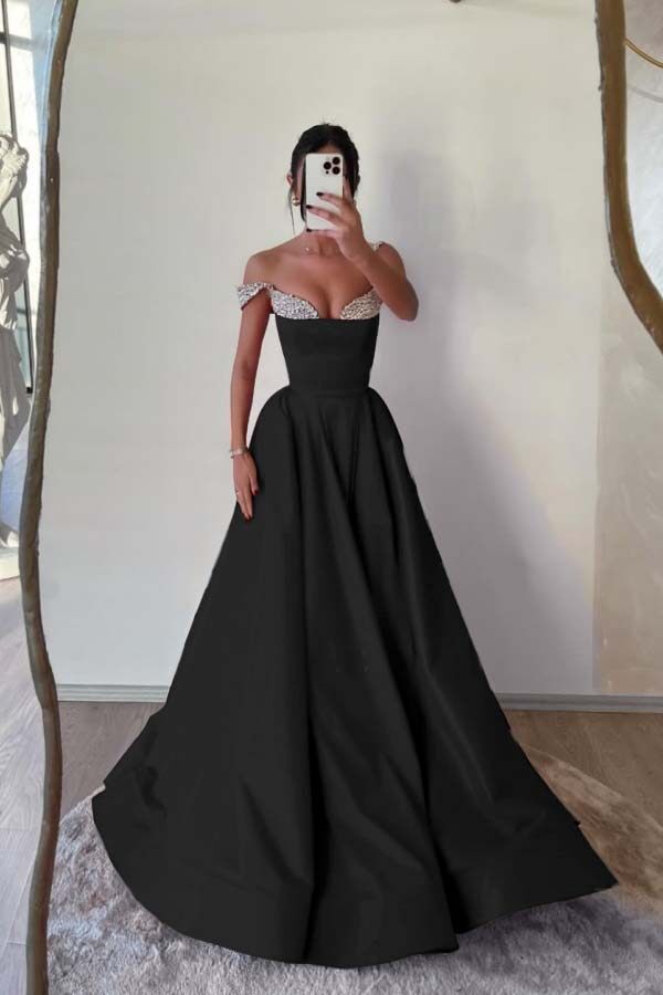 Off the Shoulder Long Pleated Prom Dress with Beading