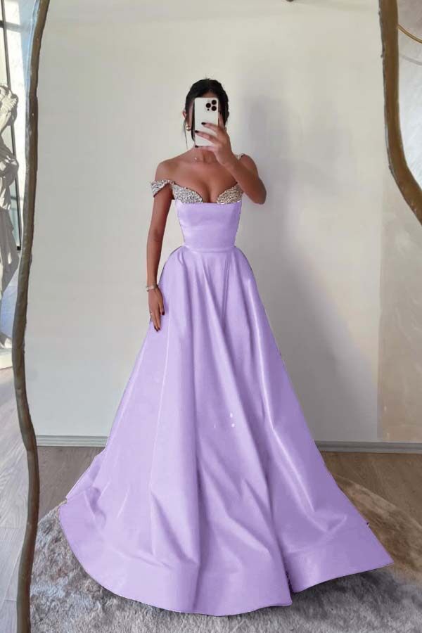 Off the Shoulder Long Pleated Prom Dress with Beading