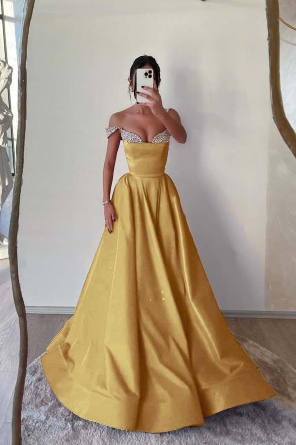 Off the Shoulder Long Pleated Prom Dress with Beading