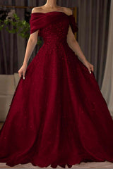 Off the Shoulder Long Prom Dress with Beading and Tulle