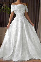Off the Shoulder Long Prom Dress with Beading and Tulle