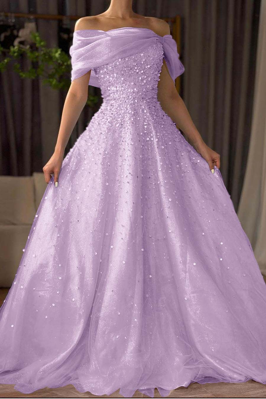 Off the Shoulder Long Prom Dress with Beading and Tulle