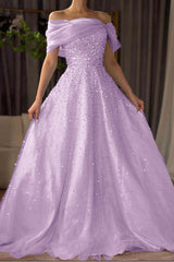 Off the Shoulder Long Prom Dress with Beading and Tulle