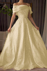 Off the Shoulder Long Prom Dress with Beading and Tulle