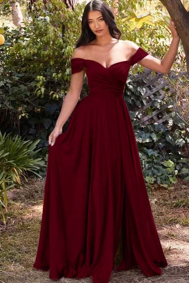 Off the Shoulder Long Prom Dress with Split and Pleats