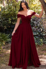 Off the Shoulder Long Prom Dress with Split and Pleats