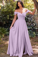 Off the Shoulder Long Prom Dress with Split and Pleats