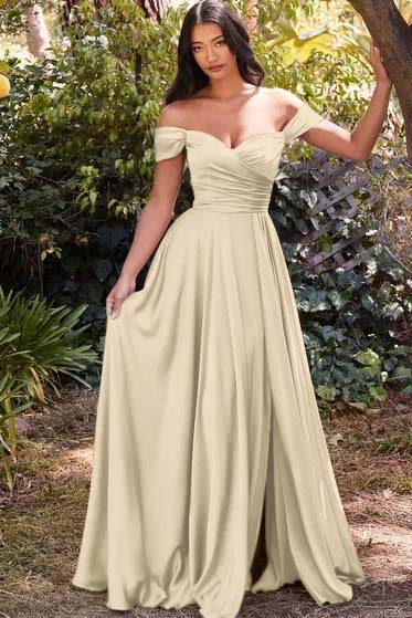 Off the Shoulder Long Prom Dress with Split and Pleats