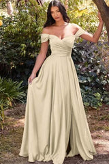 Off the Shoulder Long Prom Dress with Split and Pleats