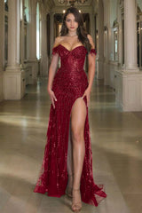 Off the Shoulder Long Prom Dress with Sequins Split