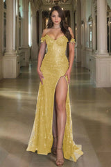 Off the Shoulder Long Prom Dress with Sequins Split