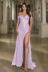 Off the Shoulder Long Prom Dress with Sequins Split