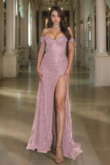 Off the Shoulder Long Prom Dress with Sequins Split
