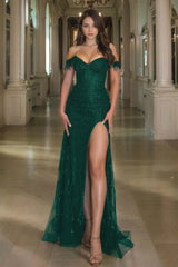 Off the Shoulder Long Prom Dress with Sequins Split