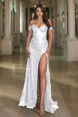 Off the Shoulder Long Prom Dress with Sequins Split
