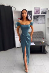 Chic Off the Shoulder Ankle Length Prom Dress with Split