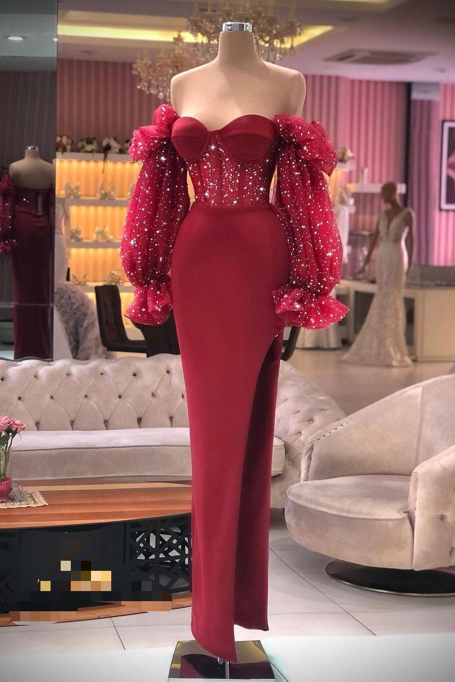 Off the Shoulder Long Sleeve Prom Dress with Sequins