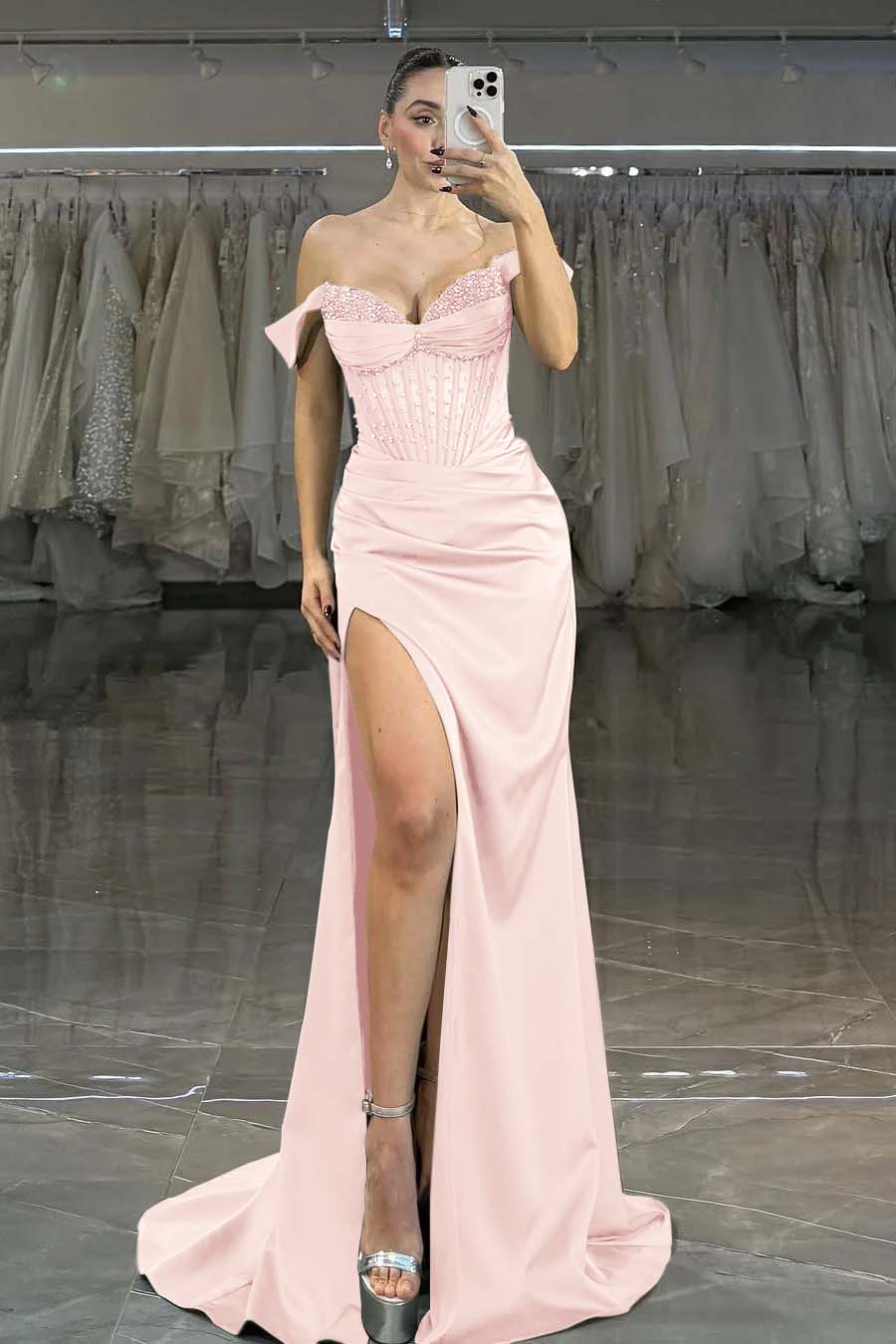 Off the Shoulder Strapless Mermaid Long Prom Dress with Split