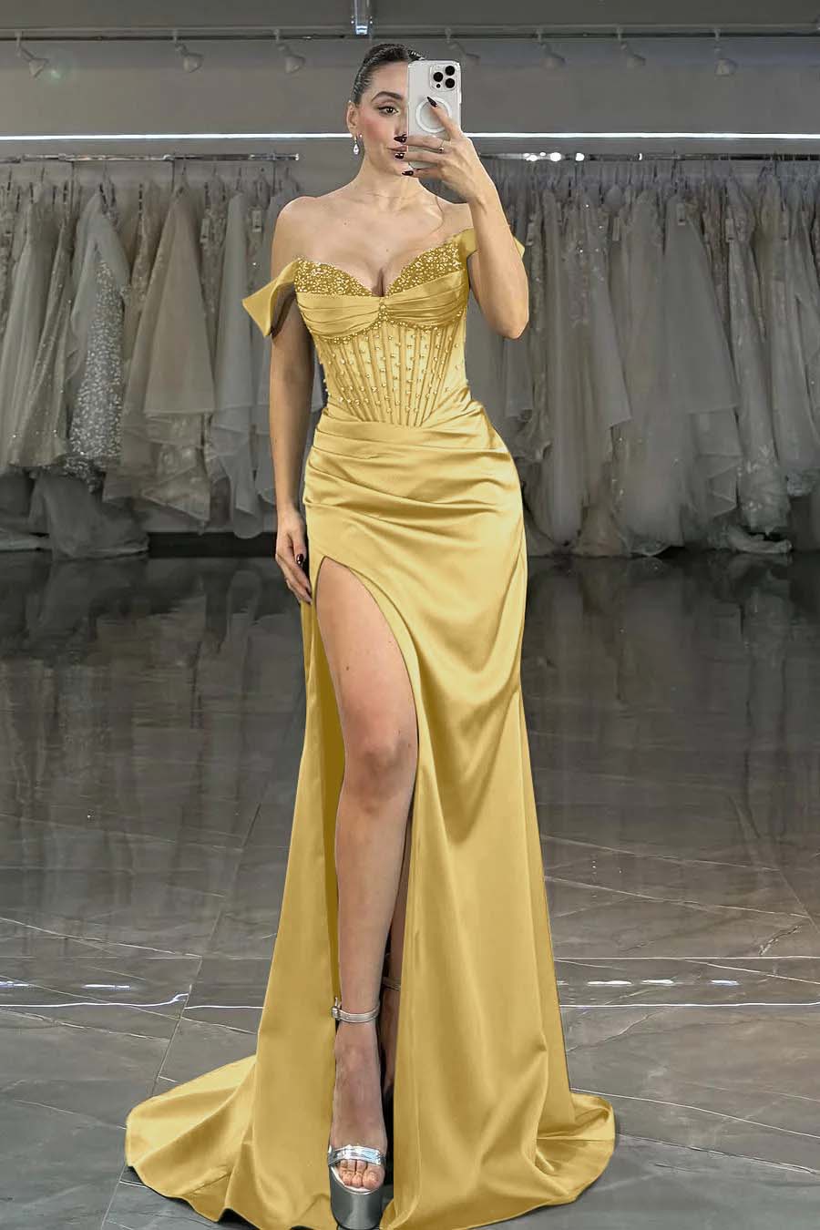 Off the Shoulder Strapless Mermaid Long Prom Dress with Split