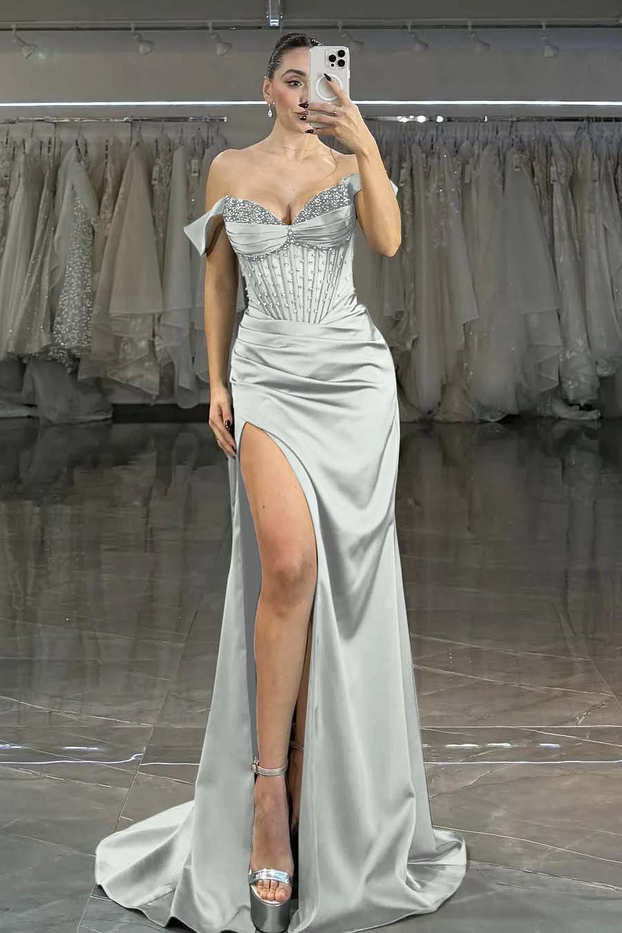 Off the Shoulder Strapless Mermaid Long Prom Dress with Split