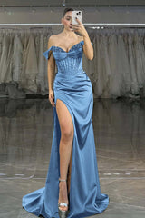 Off the Shoulder Strapless Mermaid Long Prom Dress with Split