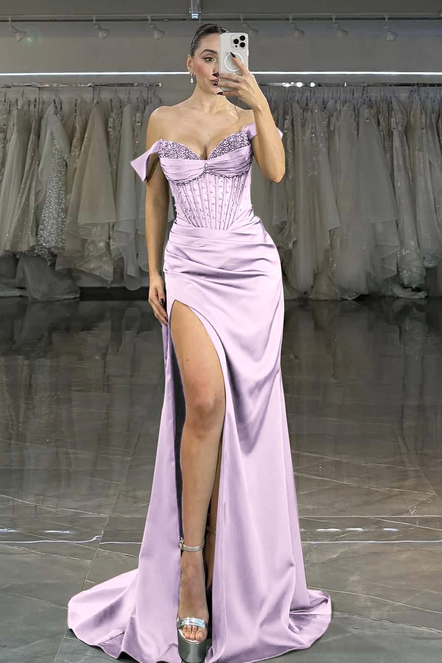 Off the Shoulder Strapless Mermaid Long Prom Dress with Split
