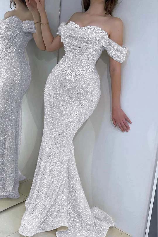 Off the Shoulder Strapless Long Prom Dress with Sequins