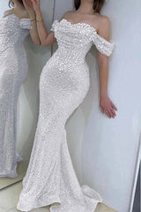 Off the Shoulder Strapless Long Prom Dress with Sequins