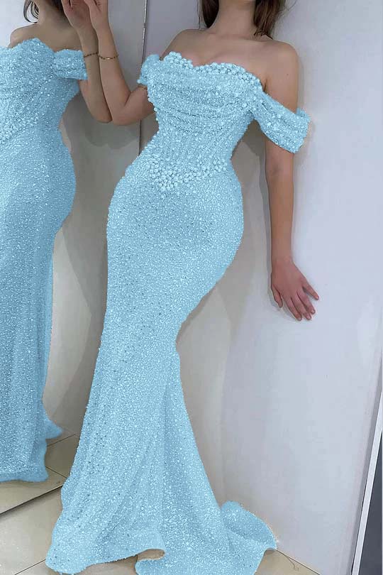Off the Shoulder Strapless Long Prom Dress with Sequins