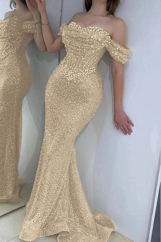Off the Shoulder Strapless Long Prom Dress with Sequins