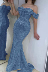 Off the Shoulder Strapless Long Prom Dress with Sequins