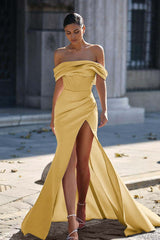 Off the Shoulder Strapless Long Pleated Prom Dress with Split