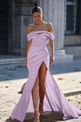 Off the Shoulder Strapless Long Pleated Prom Dress with Split