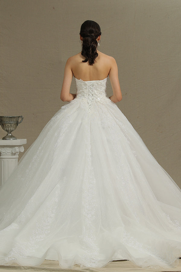 Off-the-Shoulder Sweetheart Ball Gown Wedding Dress with Lace Appliques
