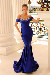 Off-The-Shoulder Sweetheart Beaded Mermaid Prom Dress with Spaghetti-Straps