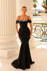 Off-The-Shoulder Sweetheart Beaded Mermaid Prom Dress with Spaghetti-Straps