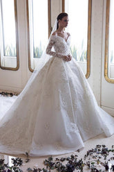 Off-the-Shoulder Sweetheart Long Sleeve A-Line Backless Wedding Dress with Lace, Appliques, and Crystal