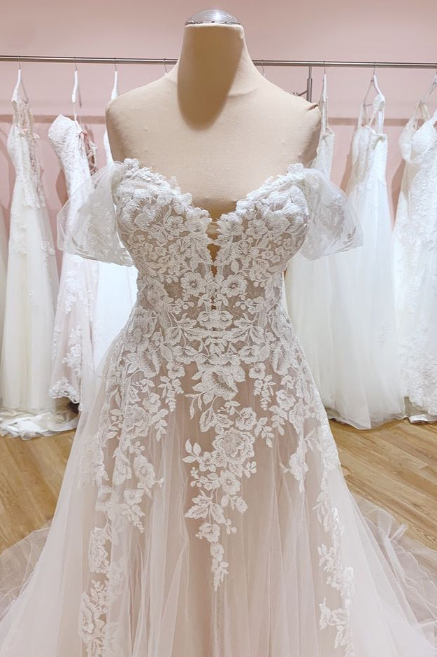Off-the-Shoulder Train A-Line Wedding Dress with Sweetheart Backless Tulle